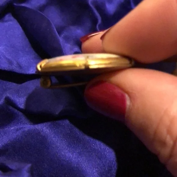 Antique Edwardian gilt edged, hand painted cameo pin with pink roses. - Picture 5 of 7